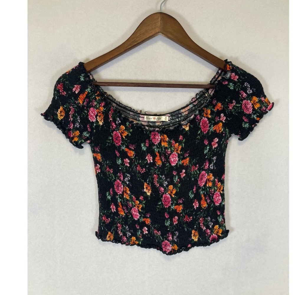 Cottagecore Heart & Hips Women Medium Black Floral Smocked Crop Top AY19270P
